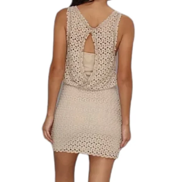 FREE PEOPLE Nude Mini Dress Lily Crochet Blouson Lace Overlay Cutout Women Small - Picture 7 of 14